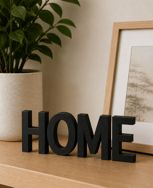 A 3D printed HOME sign beside a planter on a wooden shelf